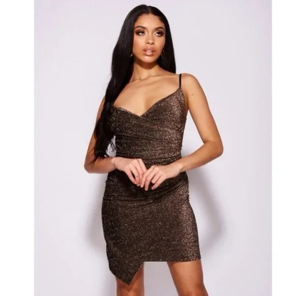 Metallic Glitter Sleeveless V-Neck Ruched Wrap Bodycon Mini Dress - Picture 8 of 13